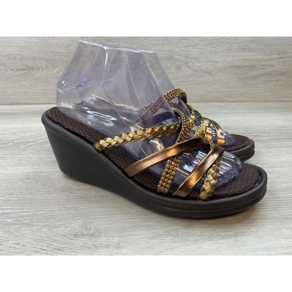 Skechers Cali Rumblers Bronze Metallic Rhinestone Wedge Sandals Women's 8 Shoes